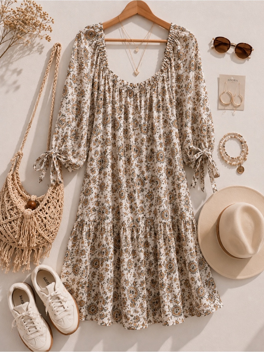 Off-Shoulder Paisley Print Midi Dress in Cream and Brown